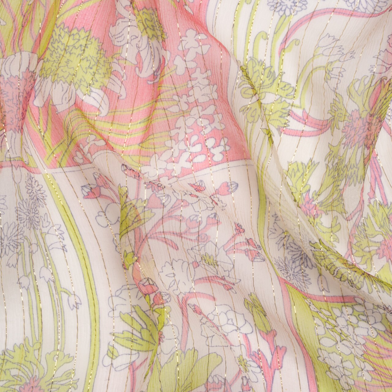 1 Yard Pink, Lime and White Metallic Pinstriped Floral Patchwork Silk Chiffon Couture Textile 55 Inch Width